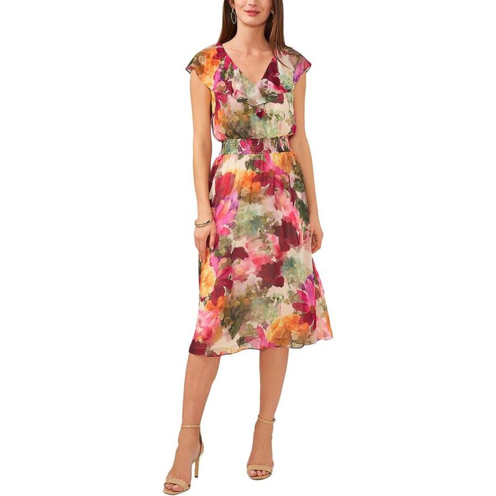 Vince Camuto Womens Beige Ruffled Printed Midi Cocktail And Party Dress NWT